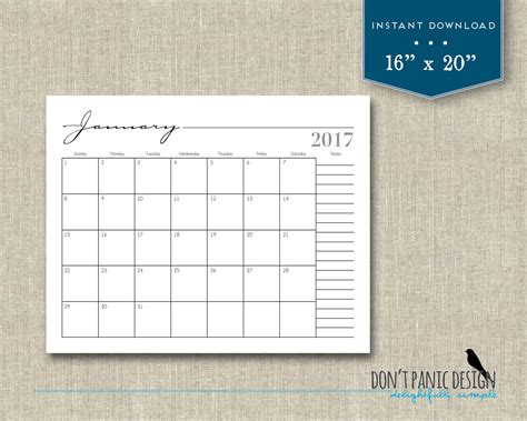 Large 2017 Printable 12 Month Wall Calendar 16 X