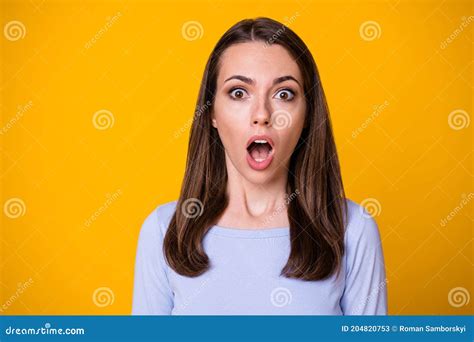 Closeup Photo Of Attractive Pretty Shocked Speechless Lady Open Mouth Look On Camera Terrified