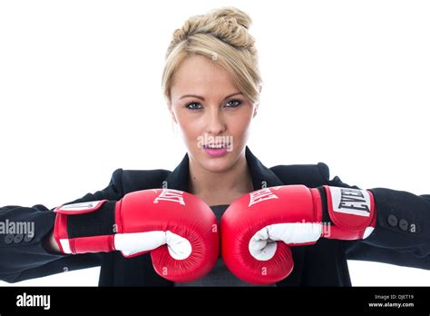 Model Released Young Business Woman Wearing Boxing Gloves Stock Photo
