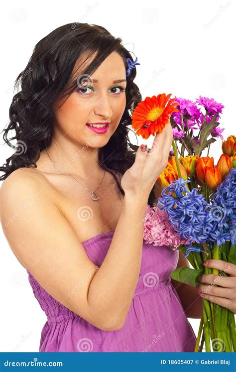 Happy Woman Holding Flowers Bouquet Stock Image Image Of
