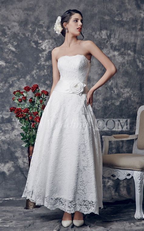 Well you're in luck, because here they come. Delicate Strapless Tea Length Lace Wedding Dress With ...