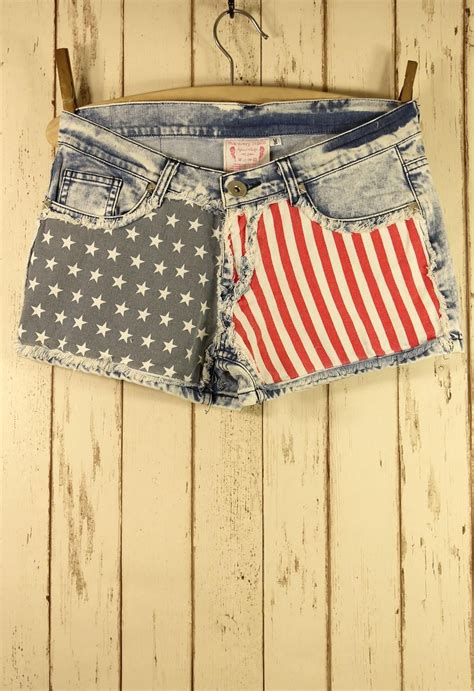 American Flag Washed Denim Shorts Boho Summer Outfits Denim Wash Fashion