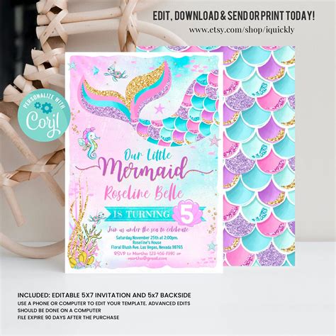 Editable Mermaid Birthday Invitation Mermaid Invite Under Etsy