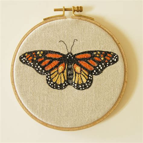 Hoop Art Embroidery Monarch Butterfly Danaus Plexippus Blue Terracotta