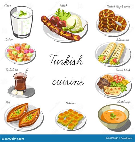 Turkish Asia Cuisine Set Collection Of Food Dishes Stock Vector