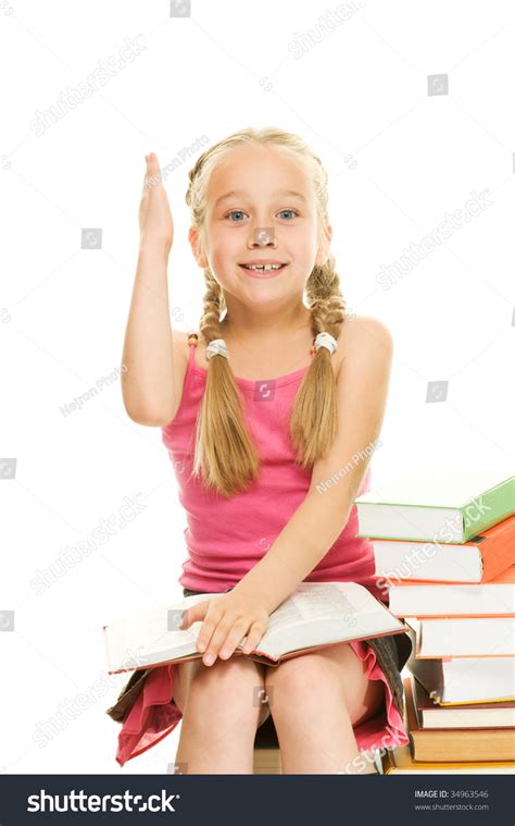 Little Schoolgirl Raised Her Hand Answer Stock Photo 34963546