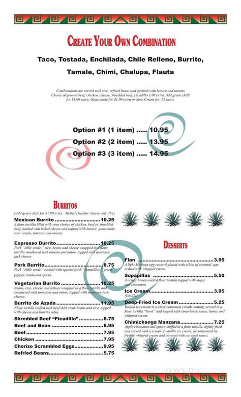 Sticky cactus grits, rice, or beans. Menu of El Mex-Kal Family Mexican Restaurant in Estes Park ...