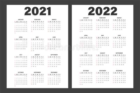 Calendario 2021 2022 Ilustraciones Vectoriales La Semana Empieza El Domingo Stock De