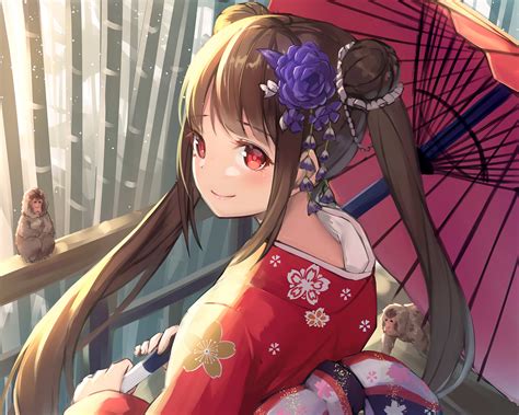 Anime Girl In A Kimono With A Monkey Hd Wallpaper