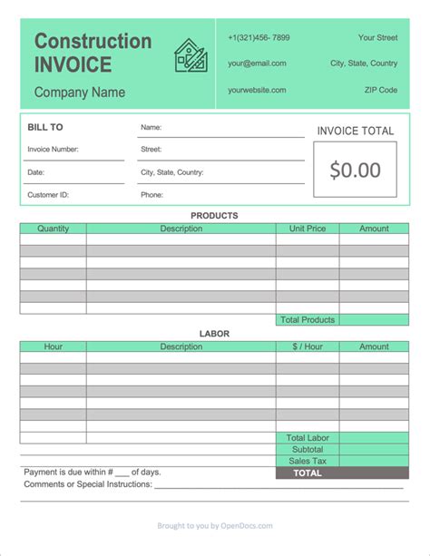 Free construction invoice template