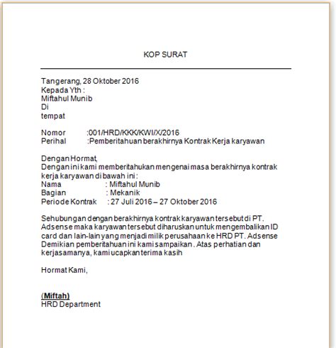 Gambar Terbaru Contoh Surat Pemberitahuan Tidak Diperpanjang Kontrak Riset