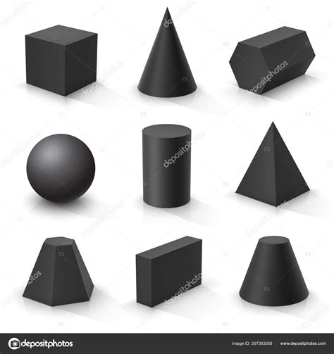 Set Of Basic 3d Shapes Black Geometric Solids On A White Backgr Stock