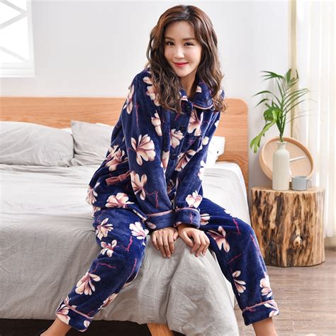 women pajamas set pajama female winter thick flannel flower print warm autumn women pajama set