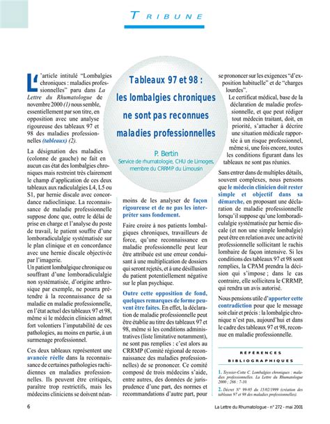 Tableaux 97 et 98 : les lombalgies chroniques ne sont pas