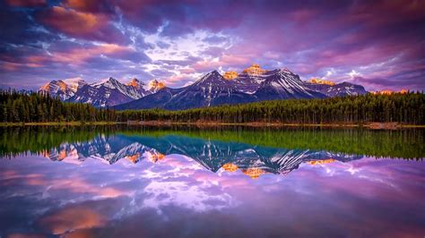Lake Mountains Forest Nature Landscape Canada Snowy Peak Clouds