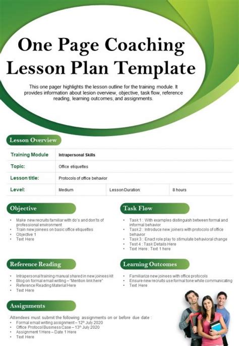 One Page Coaching Lesson Plan Template Presentation Report Infographic