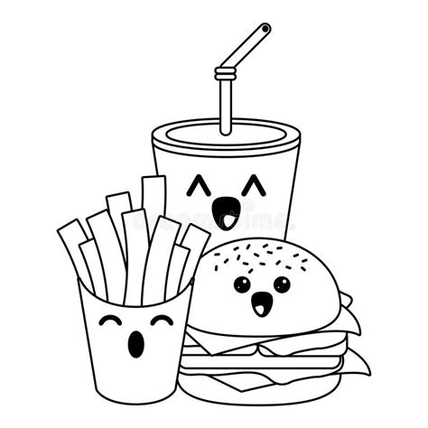 Fast Food Kawaii Cartoon In Black And White Stock Vector Illustration