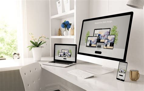 Responsive Devices On Home Desktop Showing Web Design Website Stock