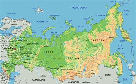 High Detailed Russia Physical Map With Labeling Stock Vector