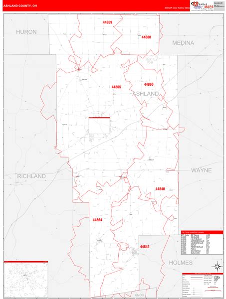 Ashland County Oh Zip Code Wall Map Red Line Style By