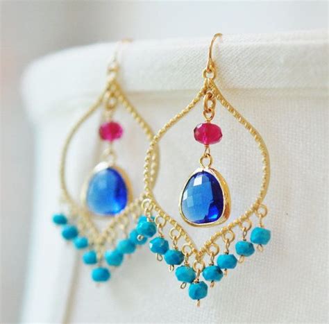 Gemstone Chandelier Earrings Turquoise Ruby Quartz Glass 14k Gold