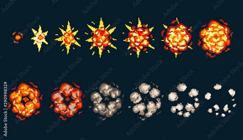 Pixel Art Explosion Game Icons Set Comic Boom Flame Effects For