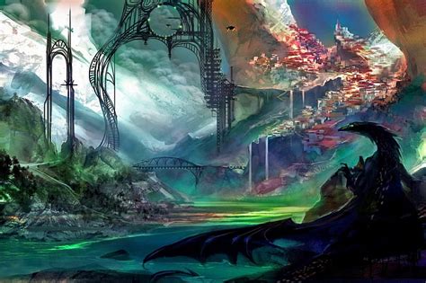 Spire City Sci Fi Fantasy Tech Magic Dragon Hd Wallpaper Peakpx