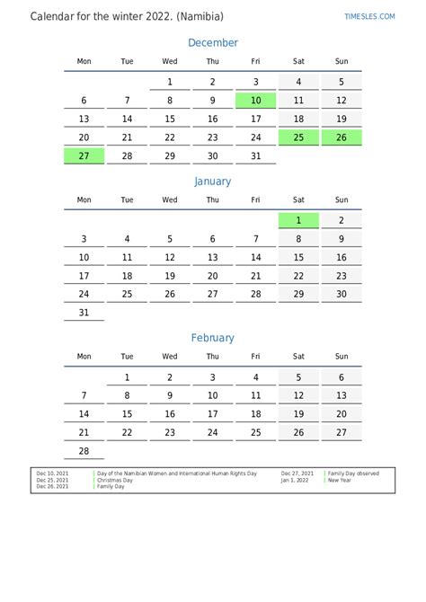 Calendar For 2022 With Holidays In Namibia Print And Download Calendar
