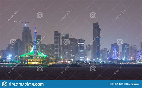 Skyline With Skyscrapers Night Timelapse In Kuwait City Downtown