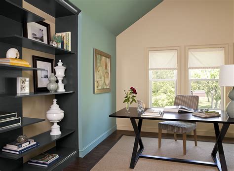 Like choosing a buttercream hue rather than going too bold and bright. Interior Paint Ideas and Inspiration | Benjamin Moore | Green home offices, Blue home offices ...
