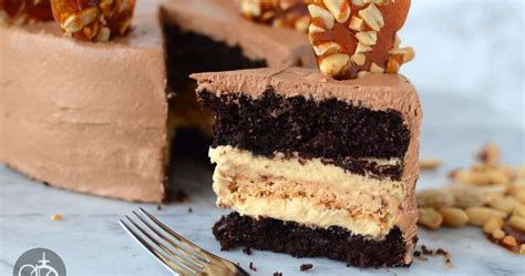 Chocolate cake or chocolate gâteau (from french: Chocolate Peanut Cake with Caramel Peanut Butter Nougat ...