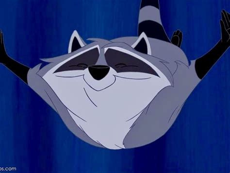 A Cartoon Raccoon With Its Hands Up In The Air And His Eyes Closed