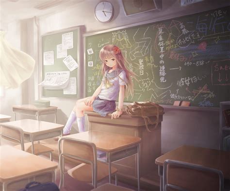 Brunettes School Uniforms Classroom Desk Bags Chalkboards Anime