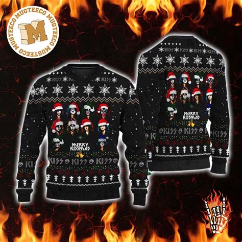 Kiss Wearing Santa Hat 2023 Merry Kissmas Ugly Christmas Sweater Mugteeco