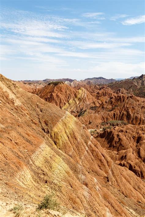 Striped Rock Formations In Danxia Feng Or Colored Rainbow Mountains