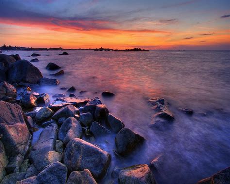 Wallpaper Sunset Sea Bay Rock Shore Reflection Beach Sunrise