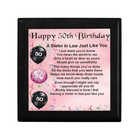 Sister In Law Poem 50th Birthday Jewelry Box