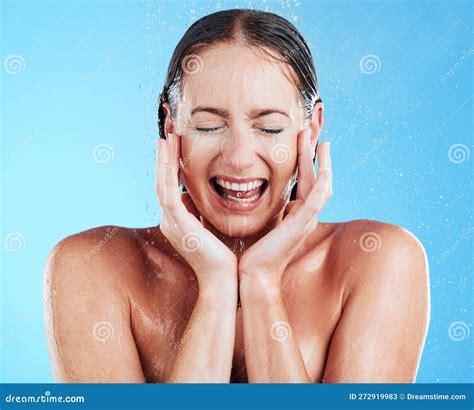 Shower Water And Woman In A Studio Feeling Happy From Cleaning And