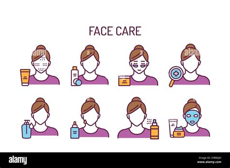 Skin Care Line Color Icons Set Girl And Cosmetic Products Vector