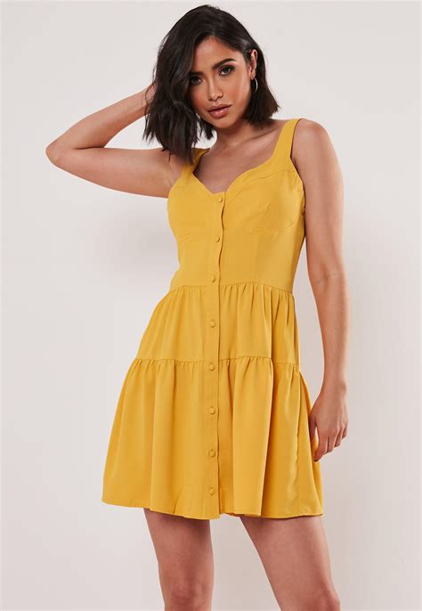 missguided synthetic mustard tiered cami button through dress in yellow lyst