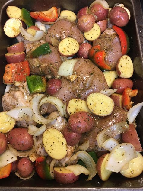 Season with salt and pepper, rosemary and thyme, if desired. One pan bake chicken and vegetables I used boneless ...