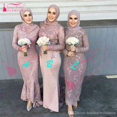 Mermaid Elegant Muslim Bridesmaid Dresses Arabic Wedding Guest Dresses Long Sleeve Lace Prom