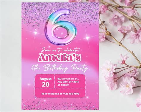 Editable Pink Glitter 6th Birthday Invitation Template Rainbow Etsy