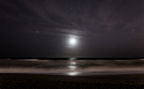 Stars Moonlight Ocean Sea Reflection Sky Waves Beach Night Wallpaper