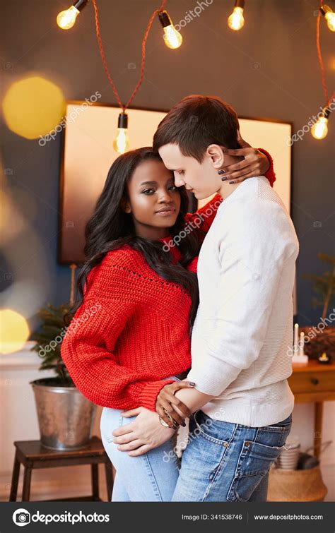 Young Interracial Couple In Love On Valentines Day Posing While Standing At Home Black Girl