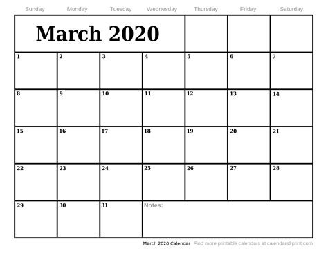 March 2020 Printable Calendar