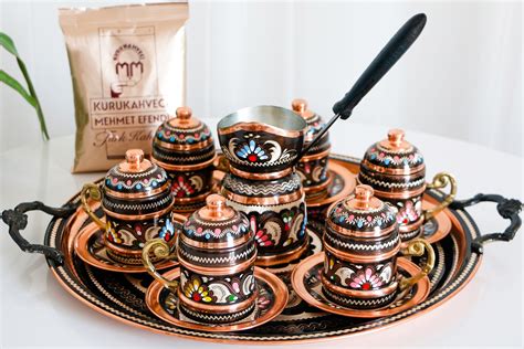 Traditional Turkish Coffee Cups With Wooden Handle Copper Coffee Pot