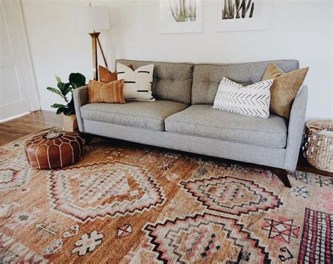 Gray Midcentury Modern Couch With Vintage Moroccan Area Rug Boho