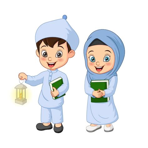 Dessin Animé Enfant Musulman Tenant Le Livre Du Coran Avec Lanterne De