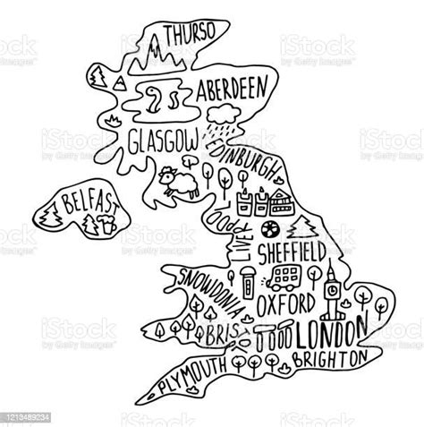Hand Drawn Doodle Great Britain Map England City Names Lettering And